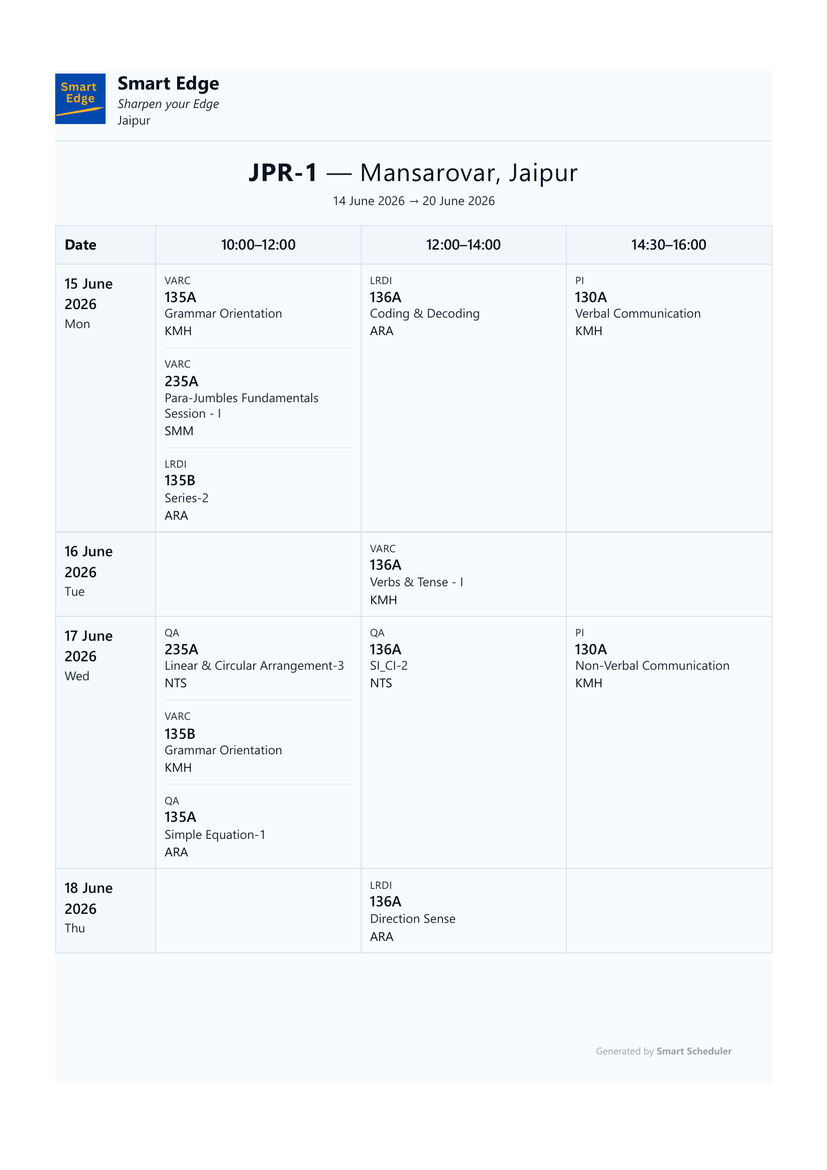 Branded centre timetable printed from Smart Scheduler for JPR-1, Mansarovar, Jaipur, 14 to 20 June 2026